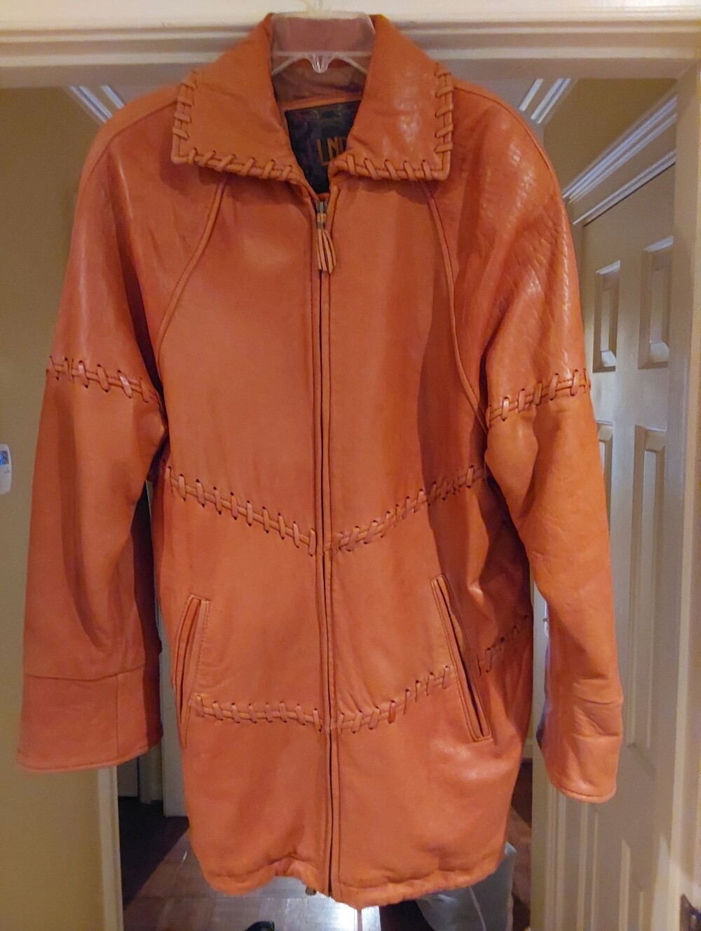 Women's Whipstitch Leather Zip Jacket in Burnt Orange